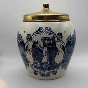 Vintage Old Dutch Tobacco Jar Delft Blue & White VAN ROSSEM's TOEBACK ANNO 1750